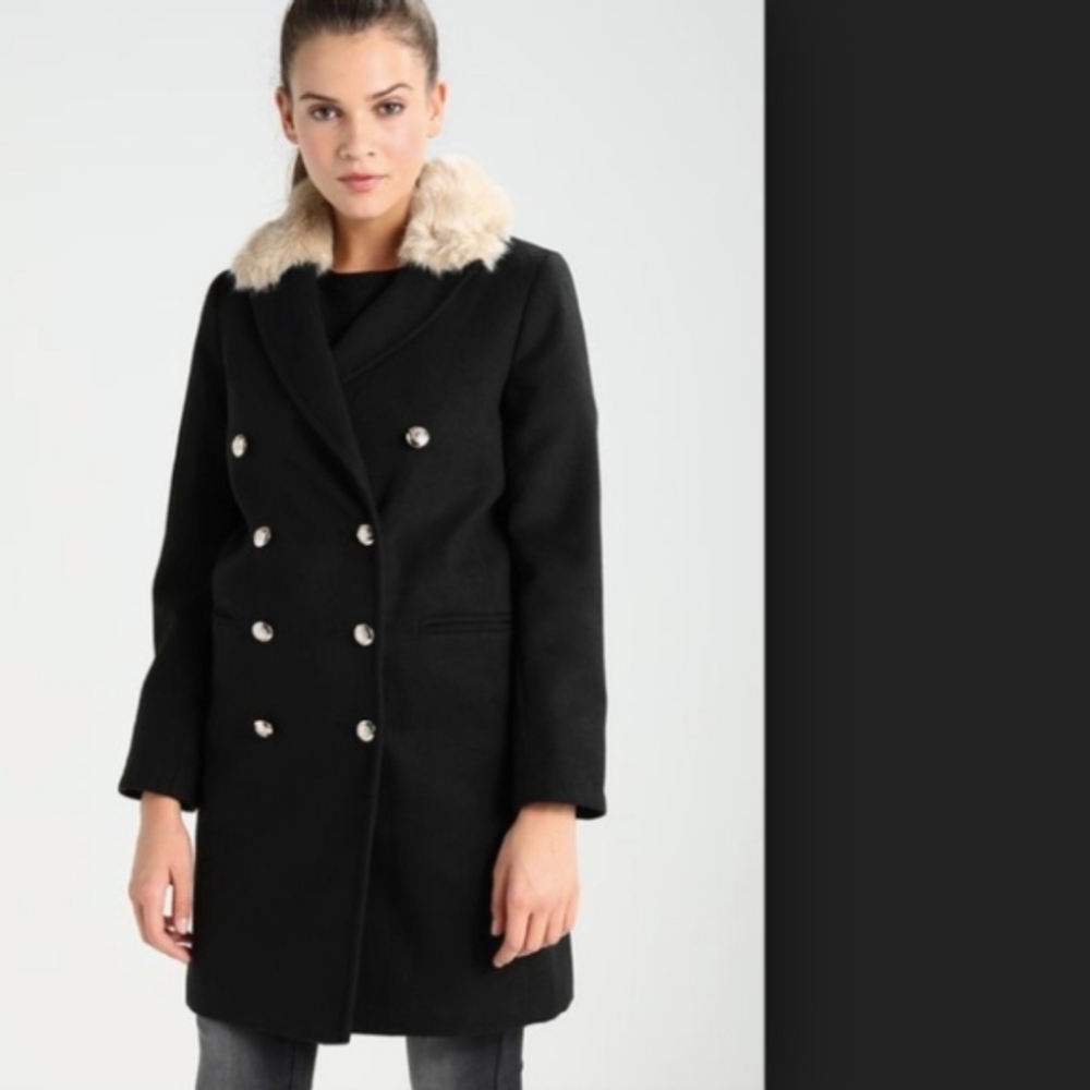 Topshop Nina Black Double-Breasted Slim Military Coat Faux Fur Collar Womens 4